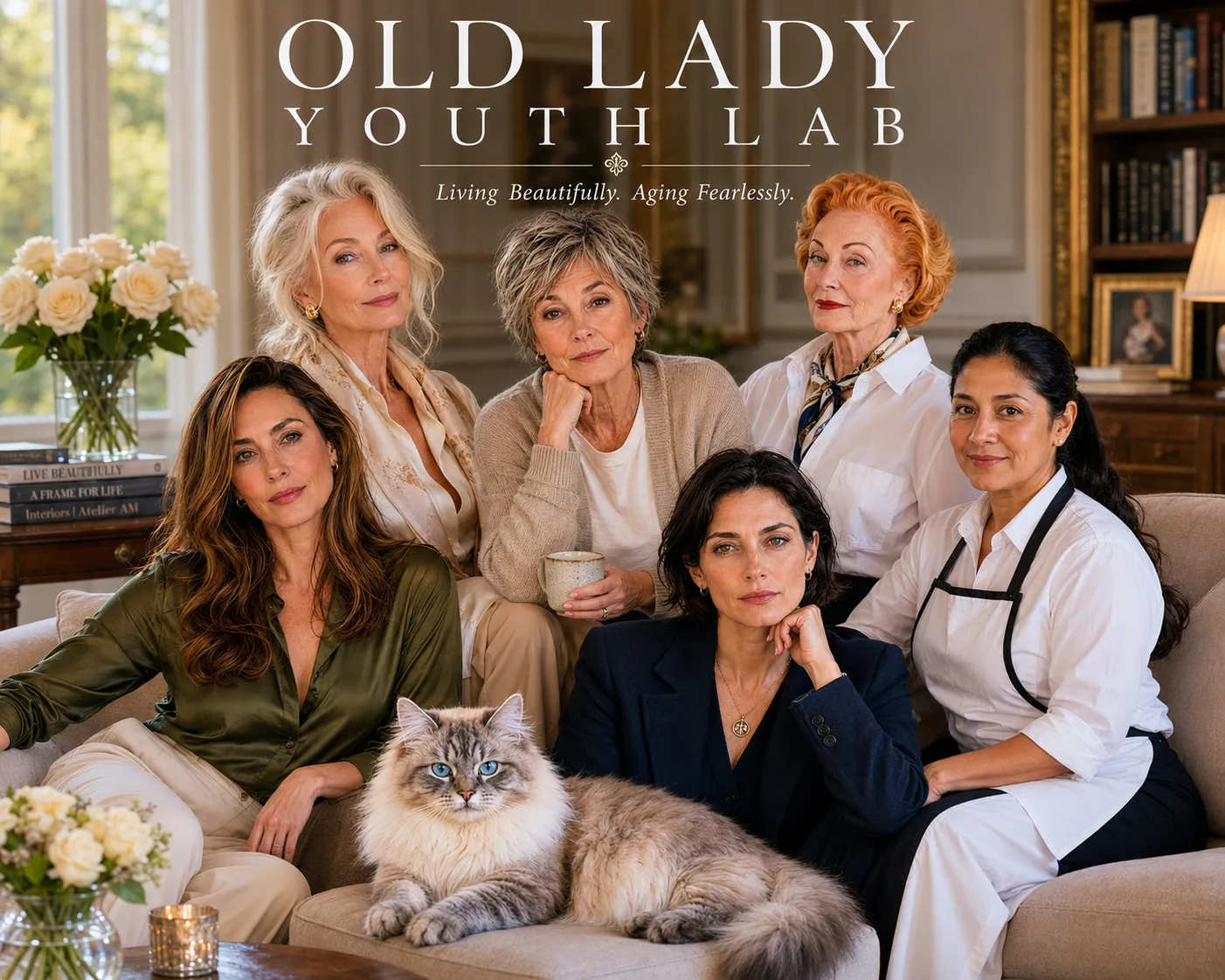 Old Lady Youth Lab. Living Beautifully, Aging Fearlessly. The six of the household together with Herbert the cat in the Gramercy drawing room.